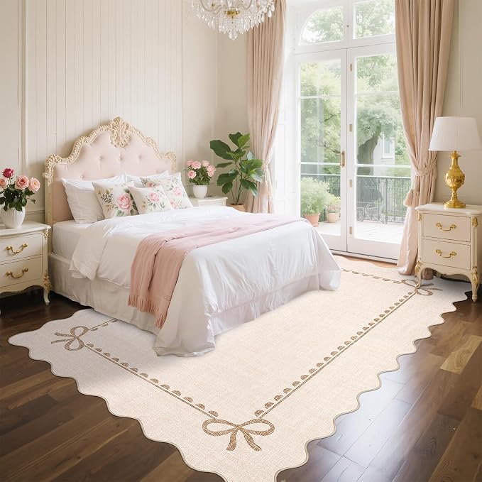 COZYLOOM Washable Kids Room Rug 8x10 Scalloped Rugs for Living Room, Beige | Rubber Backing Modern Bow Print Stain Resistant Non Shedding Low Pile Soft Bordered Area Rug for Dining Room Bedroom Nursery