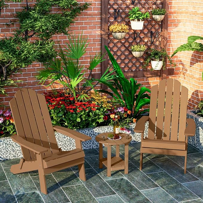 MXIMU Round Outdoor Side Table Adirondack Tables 18 Inch Chairside End Tables with Storage Shelf, 2-Tier Plastic Patio Side Table, Weather Resistant for Balcony Backyard Lawn (Teak, 2 Pack)