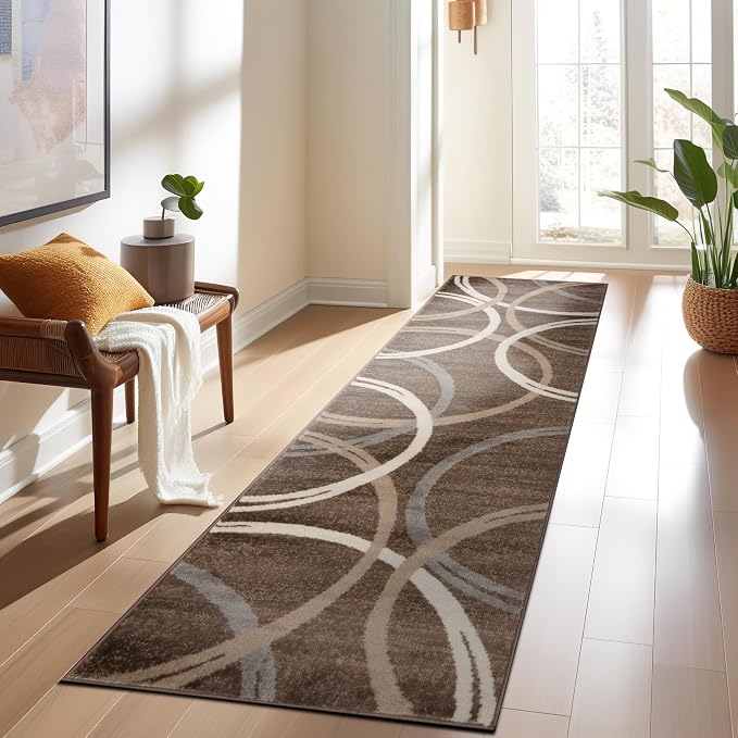Rugshop Wavy Circles Modern Fade-Resistant Runner Rug Brown 2' x 10' | Runner, Size 2' x 10', Living Room, Bedroom, Dining Room, Home Office, Kitchen, Entryway, Hallway, Nursery, Kids Room