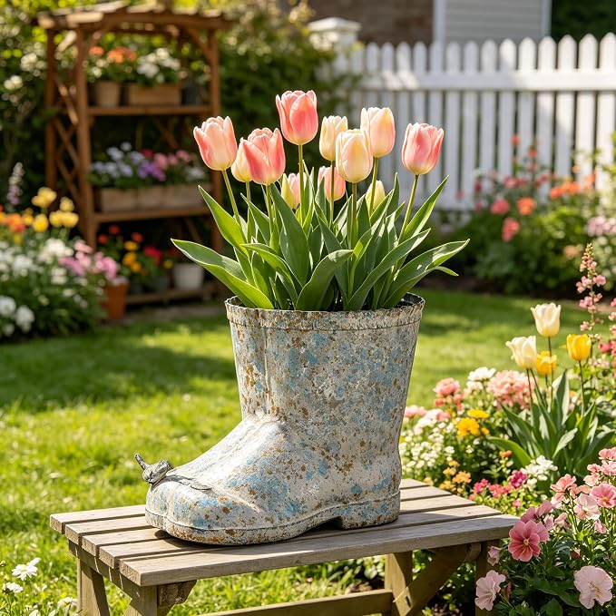 Vintage Galvanized Metal Rain Boot Planter with Bird Accent, Rustic Farmhouse Boot-Shaped Flower Pot, Decorative Indoor Outdoor Planter for Succulents, Herbs, Garden & Porch Decor
