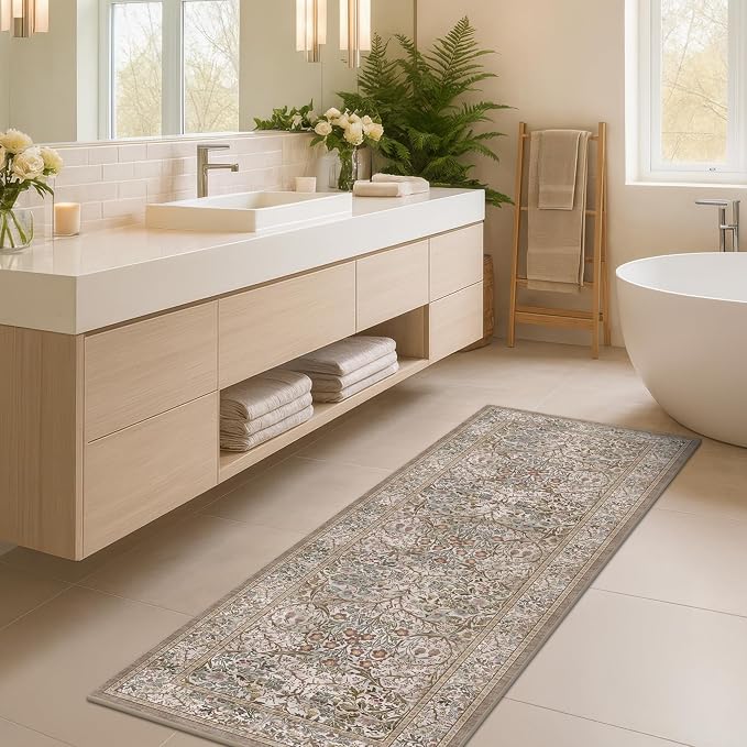 Moss Green 2x5 Bathroom Rug Runners Non Slip Washable - Neutral Runner Rug for Kitchen Floor, Bedroom, Laundry Room, Hallway - Thin Vintage Oriental Taupe Bathroom Rugs Stain Resistant