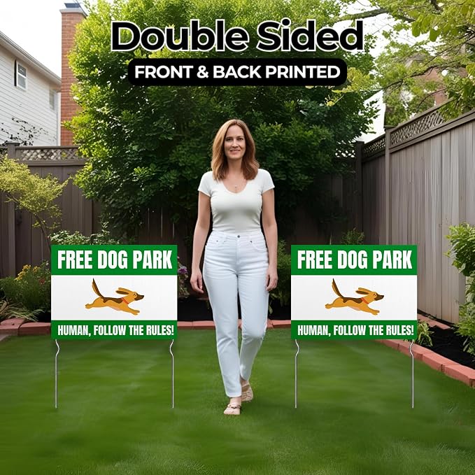 Free Dog Park – Humans, Follow the Rules! Yard Sign by DC | 24"x18" Double Sided Pets Garden Sign with 13” Metal Stakes | Outdoor Signs Waterproof for Lawn, Patio, Sidewalk & House | Set of 2