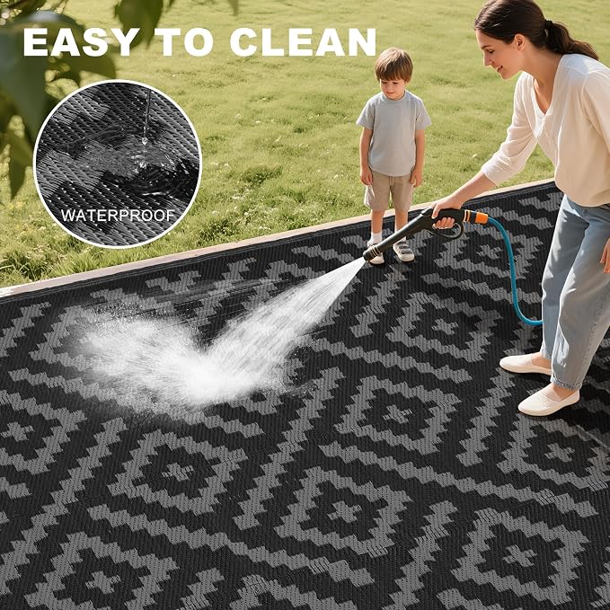 RURALITY Outdoor Rugs 5x8 Feet for Patios Clearance,Plastic Straw Waterproof Mats for Backyard,Porch,Deck,Balcony,Black&Deep Grey