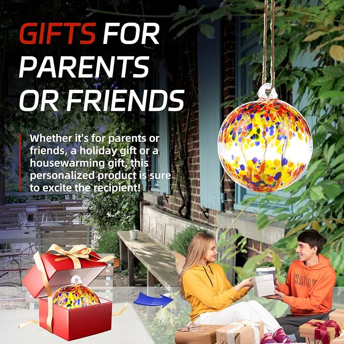 VOREEN 4" Hanging Glass Garden Gazing Ball Hand Blown Glass Witch Ball Christmas Ornament Friendship Balls for Outdoor Garden Patio Window Home Décor, Gift for Mom Wife Friend, Muticolor
