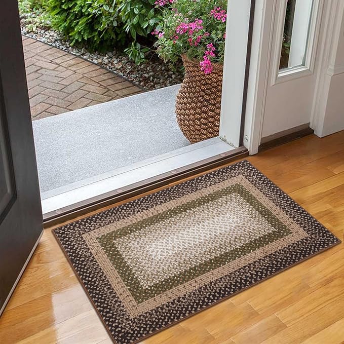 RUGSREAL Entryway Area Rug 2x3 Small Machine Washable Bedroom Rug Non Slip | Bathroom Mat Stain Resistant Kitchen Farmhouse Carpet Modern Rustic Area Rugs for Living Room Dining Room, Moss/Brown