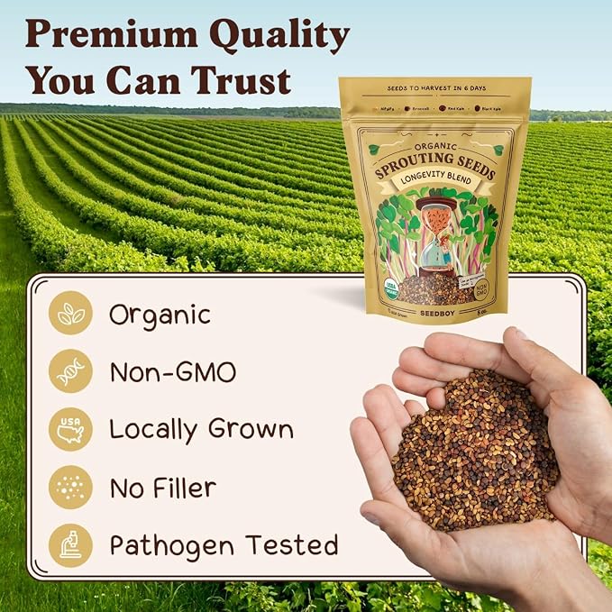 Seedboy Organic Non-GMO Sprouting Seeds, Longevity Blend - USA Grown Microgreens Mix with Broccoli, Red Kale, Black Kale, Alfalfa - 8 oz Bag Makes 8 Quarts / 32 Servings (Longevity Blend)