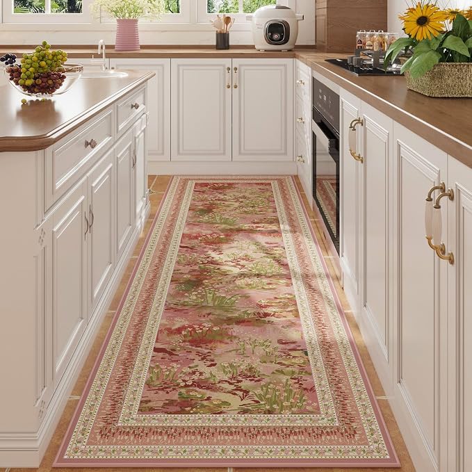 Rugcomf Runner Rug Impressionist-Style Vintage Kitchen Rugs Non Slip Washable Soft Carpet Runner for Kitchen Laundry Bedroom Bathroom, Pink