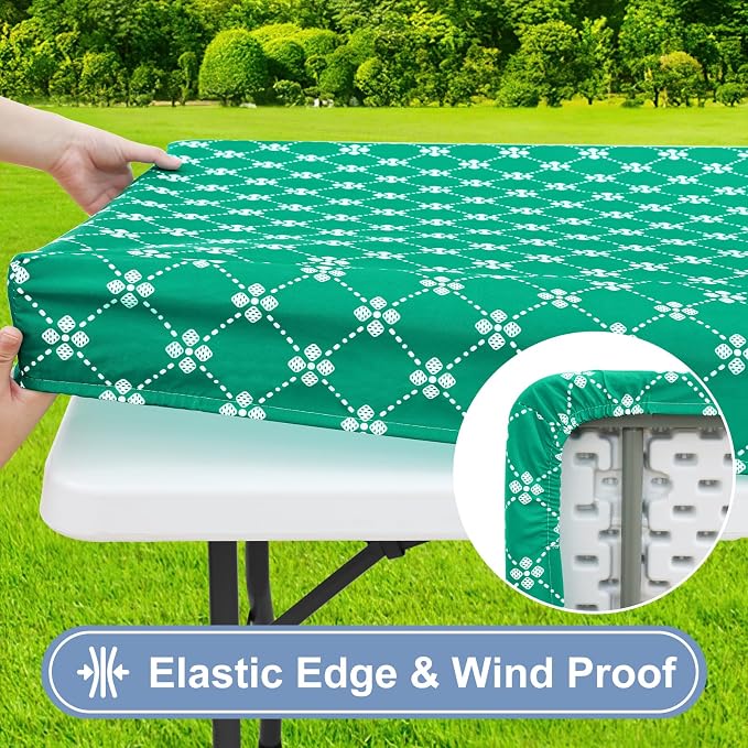 misaya Rectangle Vinyl Table Cloth, Elastic Fitted Tablecloth with Flannel Backing, Waterproof Plastic Table Cover Fits 8 Foot Folding Tables for Picnic, Camping, Indoor and Outdoor (Green, 30" x 96")