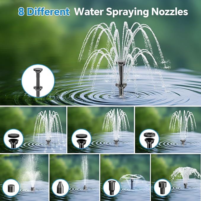 POPOSOAP Solar Fountain Pump with Pond Filter Kit Built-in 3000mAh Battery Backup, 8W Solar Water Fountain Pump, Pond Filters for Outdoor Ponds Bird Baths DIY Water Feature