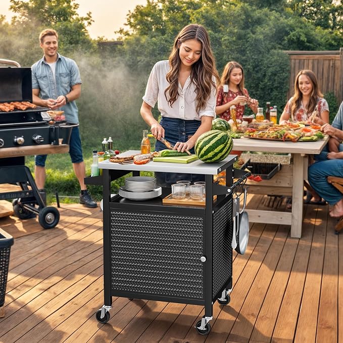 YITAHOME 25 Inch Outdoor Grill Cart with Stainless Steel Top, Outdoor Grill Table with Storage Shelves for Patio, Kitchen Prep, Grilling Accessories, Black