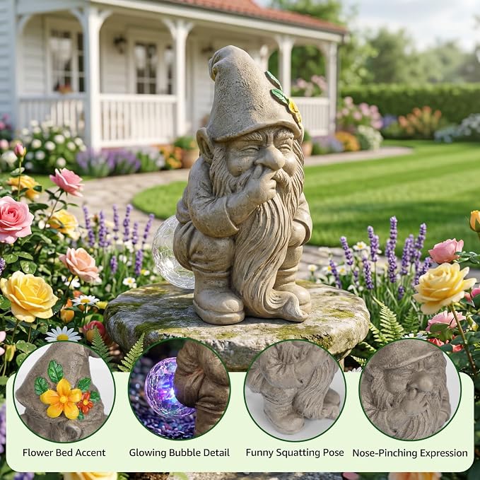Lyeasw Solar Funny Garden Gnomes Statue - Gnomes for Dad - Waterproof Outdoor Garden Sculpture Light for Yard, Porch, Patio & Balcony - Birthday Gift for Mom, Grandma & Garden Lovers