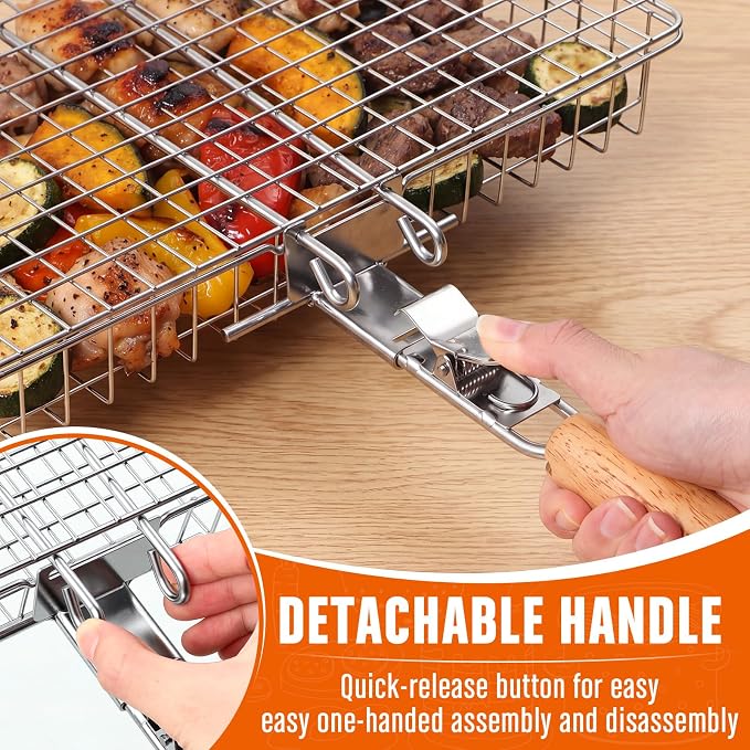 Havawish 3 Pcs BBQ Basket Grill Set 430 Stainless Steel Rectangular Grill Basket with Removable Wooden Handle 2 Rolling Cylinder Baskets for Vegetables Fish Meat Outdoor Grilling Gift for Dad Husband