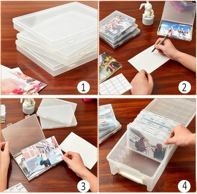 NINU Photo Storage Box 5 x 7 In Photo Case, 10 Inner Large Photo Keeper, Clear Photo Storage Container, Seed Craft Cards Pictures Organizer, Plastic Office Organizer with 1 Label Sticker
