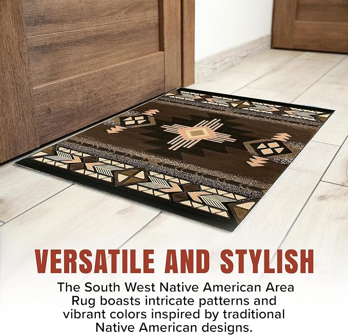 YHSF South West Native American Area Rug C318 - Easy Clean, Thick, Soft, Durable Native Tribal American Indian Inspired Rug for Bedroom/Living Room and More - Chocolate Brown, 5 Feet x 7 Feet