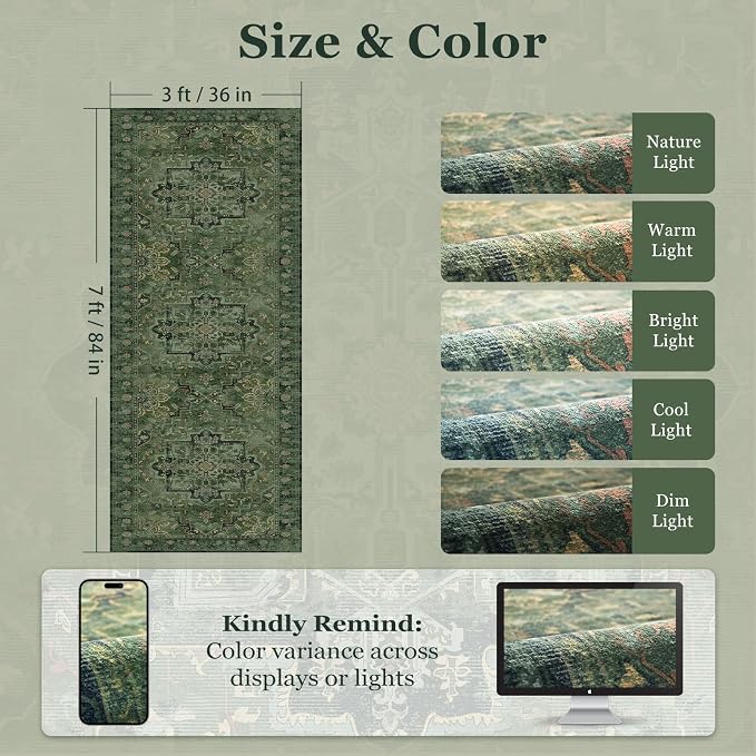 Green Medallion 3x7 Hallway Runner Rug, Washable Non Slip Runners for Kitchen Floor, Low Pile Thin Distressed Vintage Runner Carpet for Entryway/Mudroom/Foyer/Bathroom/Bedroom