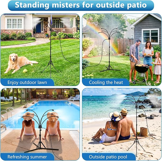 6-Nozzle Adjustable Standing Misters for Outside Patio - Stand Misting System for Cooling Outdoor Areas, Easy to Install & Maintain, Custom Coverage, Durable for Backyard Use.
