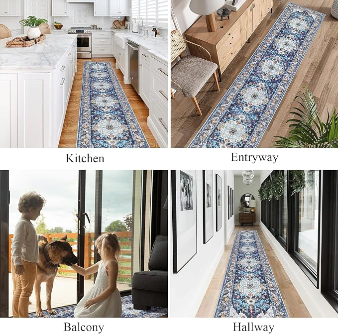 U'Artlines 2'x12' Boho Hallway Runner Rug Non Slip Washable Runners,Blue | Vintage Farmhouse Kitchen Rug Accent Area Carpet for Entryway Laundry and Living Room