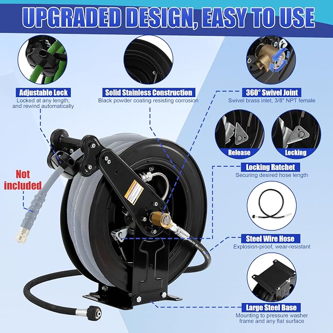 FIXFANS High Pressure Washer Hose Reel for Water/Air/Oil, 50 FT X 3/8" or 100 FT X 1/4" Steel Dual Arm Auto-Retractable Power Wash Hose Reel, Heavy Duty Hose Reel 4000 PSI