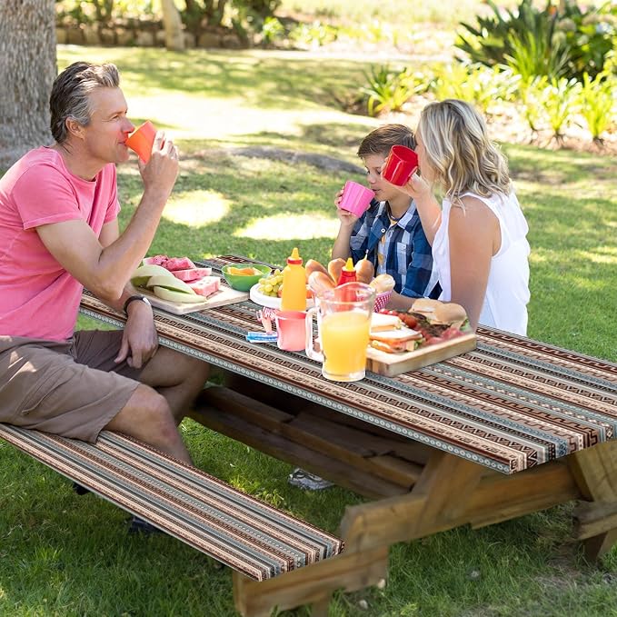 Picnic Table Cover with Bench Covers Elastic Edges, Blue Brown Tripes Camper Fitted Table Cover, Outdoor Patio Camping Essentials 72 Inch 5PCS, Waterproof Camping Fitted Tablecloth with Drawstring Bag