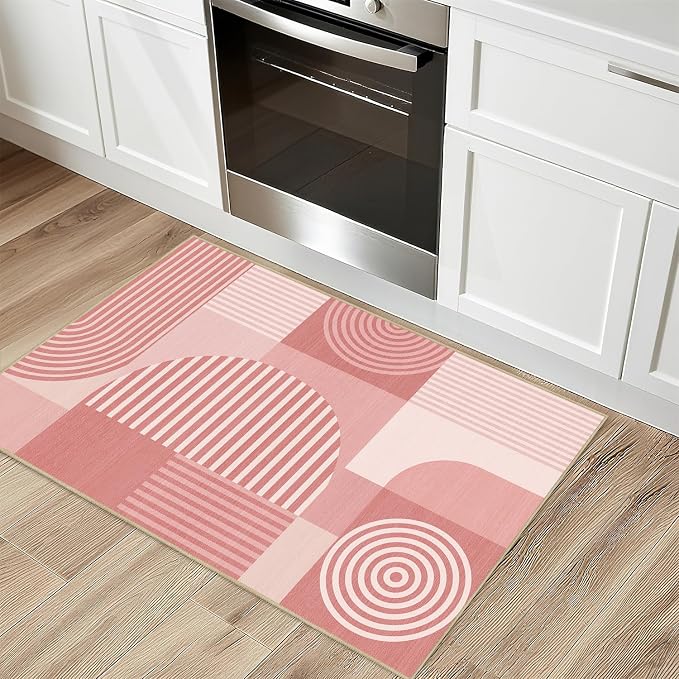 Pink Geometric Rug 2x3 for Entryway Machine Washable Mid Century Modern Rug Non Slip Low Pile Minimalist Line Rugs Door Indoor Mat Carpet for Bathroom Bedroom Kitchen Laundry,Pink
