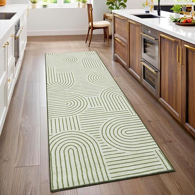 ROYHOME Modern 2x6 Hallway Runner Rug Non Slip Washable Kitchen Rug, Green | Abstract Bath Mat, Rainbow Geometric Runners Rugs for Bedroom, Soft Long Rugs for Entryway Arch Pattern Bathroom Laundry Dorm