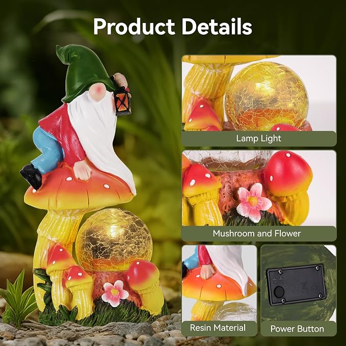 Garden Gnomes Outdoor Statues with Light, Gnomes Decorations for Yard, Solar Garden Gnome with Mushroom Decor, Lawn Ornaments for Patio, Balcony Housewarming- Unique Women Gifts