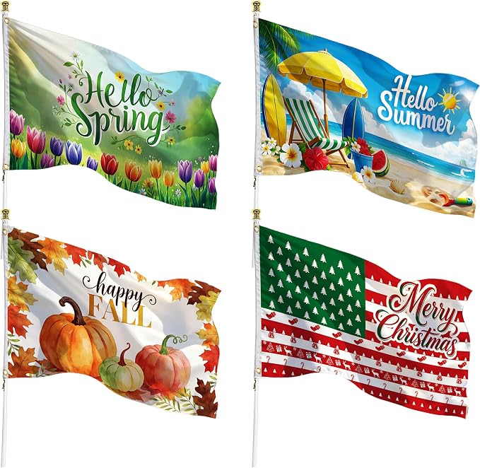 4 Pcs Seasonal Flags for Outside 3x5 Ft Double Sided Spring Summer Autumn Winter House Flags Set with Sleeve & 2 Brass Grommets, Durable Polyester Seasonal Outdoor Flags for Yard Garden Decor