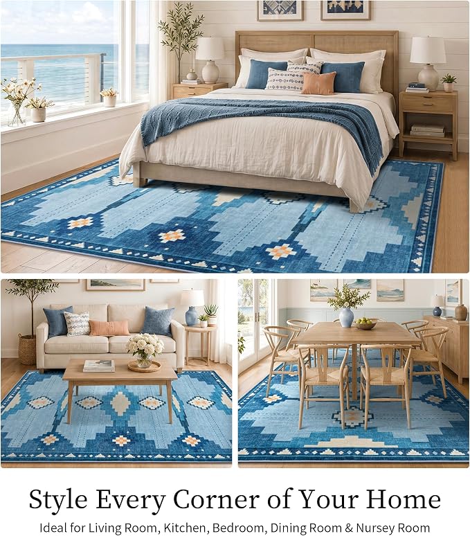 YIHOUSE 5'x7' Washable Blue Geometric Area Rug for Living Room | Soft, Non-Slip, Coastal Aztec Design for Bedroom Dining Nursery Room Playroom, Low Pile, Pet Friendly