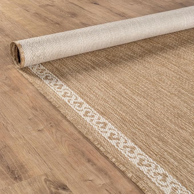 Washable Outdoor Rug 10x14 Modern Area Rugs Outdoor Carpets Bordered Pattern Non Shedding Waterproof Easy Clean Patio Deck Porch Living Room Bedroom Garden RV (10 X 14 Natural)