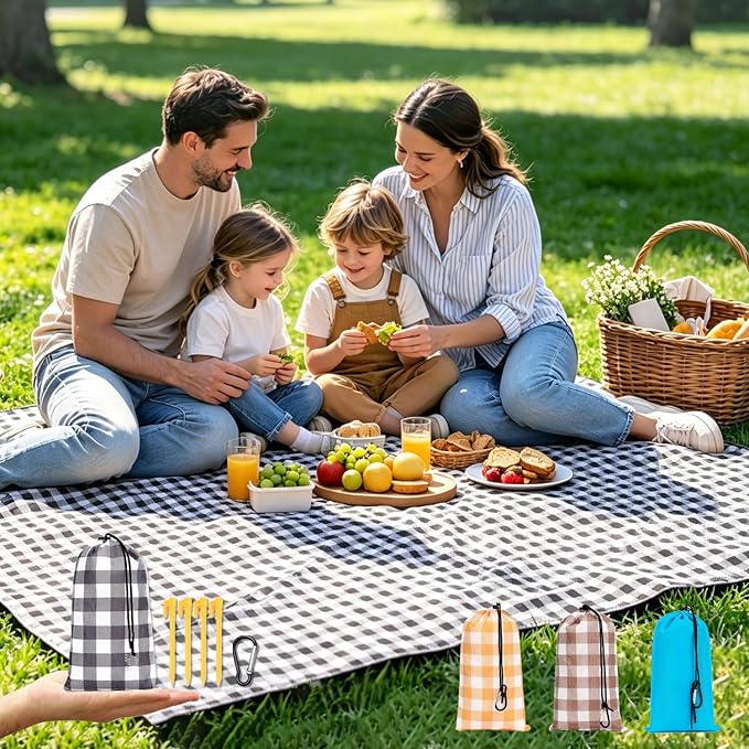 Fammart Pocket Picnic Blanket Sandproof Waterproof, Portable Lightweight Camping Tarp, Quick Dry Foldable Compact Beach Mat with Corner Pockets & Stakes for Festivals Hiking Outdoor Essentials