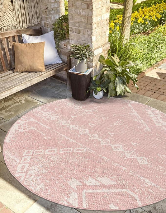 Unique Loom Outdoor Bohemian Collection Area Rug - Anthro (3' 3" Round Pink/Ivory)