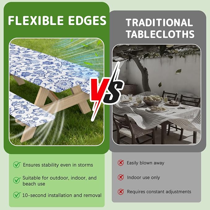 Picnic Table Cover with Bench Covers Elastic Edges, 3 Pcs Flower View Fitted Table Cover with Drawstring Bag, Waterproof Windproof Aesthetic Camping Tablecloth, Outdoor Camping Essentials 72 Inch