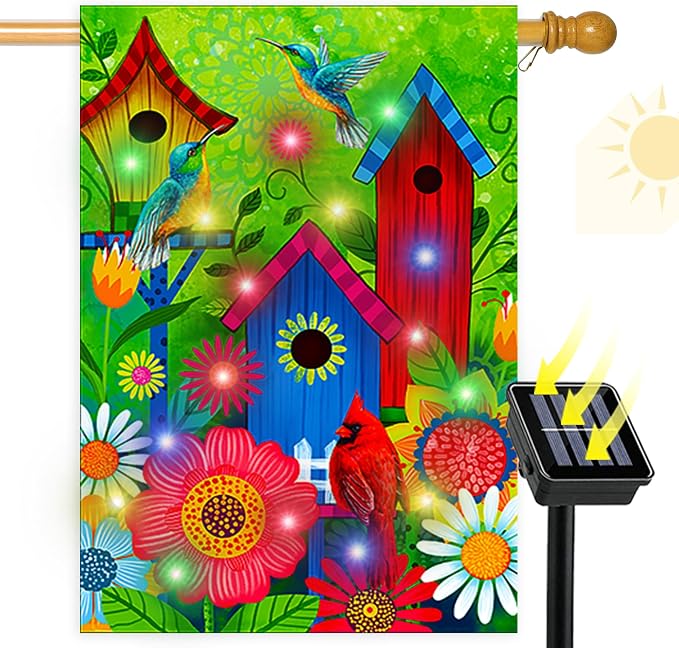 Welcome Lighted birds house large garden flags 28X40 double sided solar | lawn home spring decoration,Vibrant colors, soft polyester