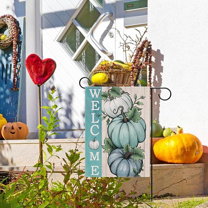 Welcome Fall Teal Blue White Pumpkins Decorative Garden Flag, Autumn Farmhouse Seasonal Yard Outside Decorations, Thanksgiving Burlap Outdoor Small Home Decor Double Sided 12 x 18