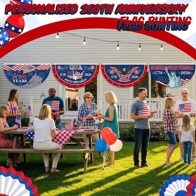 Tudomro 4 Pcs 250th Anniversary USA Bunting Fan Flag for Outdoor 1.5x3 ft 1776-2026 American Anniversary Bunting Flag for Outside 4th of July Patriotic Half Fan Hanging Banner Garden Decoration