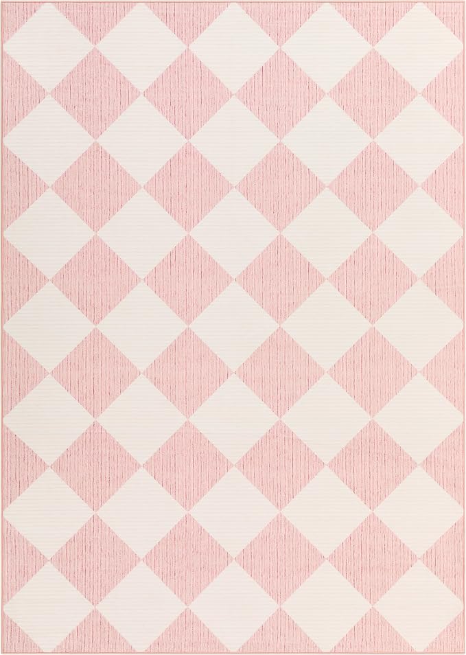 GarveeHome 3x5 Checkered Area Rug Non Slip Washable Entryway Bedroom Rug | Modern Geometric Plaid Pink Carpet Classic Throw Mat for Kitchen Bedside Kids Room Office Dining Room