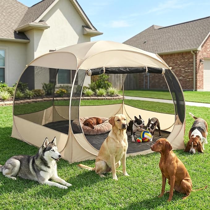 EighteenTek XXLarge Popup Portable Dog Houses, 10'x4.8'H Assembly-Free Gazebo-Style Dog Cot Cat Playpen Screen Pet Tent Sun Shade Shelter Dog Bed with Canopy for Outdoor Anti-Bugs with Leakproof Floor