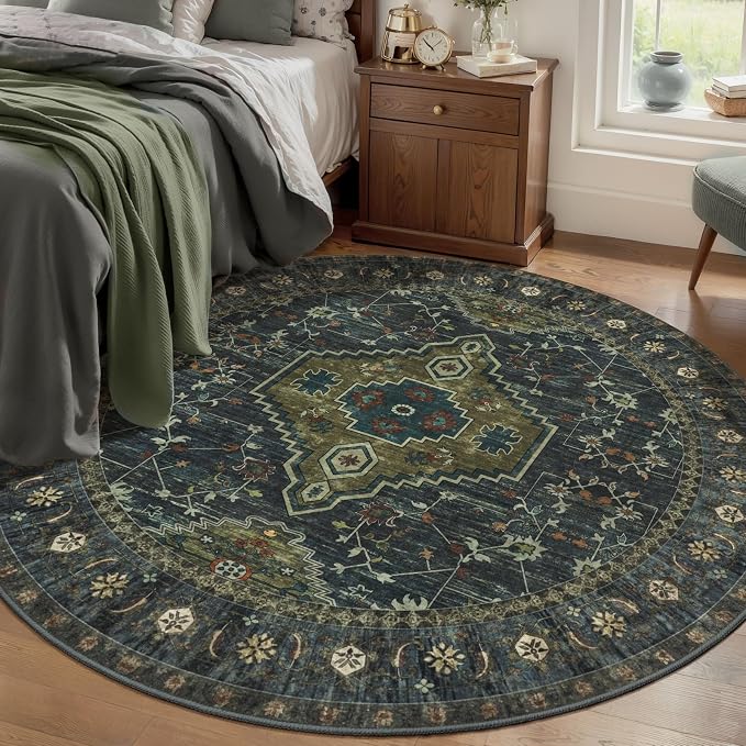Tangsoo Green Round Washable Rugs 4ft, Oriental Non Slip Small Circle Rug | Vintage Low Pile Circular Rugs, Boho Round Area Rug for Living Room Bedroom Entryway Nursery Office Olive Green Home Decor