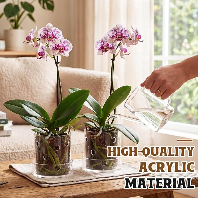2 Pcs 4 Inch Clear Acrylic Orchid Planter Pot with 360° Round Holes & Tray, Thick Acrylic Vented Planter for Phalaenopsis, Root Airflow, Bottom Watering & Indoor Orchid Repotting
