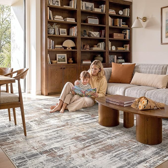 UERMEI 9x12 Area Rug for Living Room Washable Abstract Grey/Rust/Brown | Low Pile Non-Slip Soft Neutral Modern Carpet Kid Pet Friendly Large Rugs For Bedroom Dining Room Nursery Office Indoor Decor