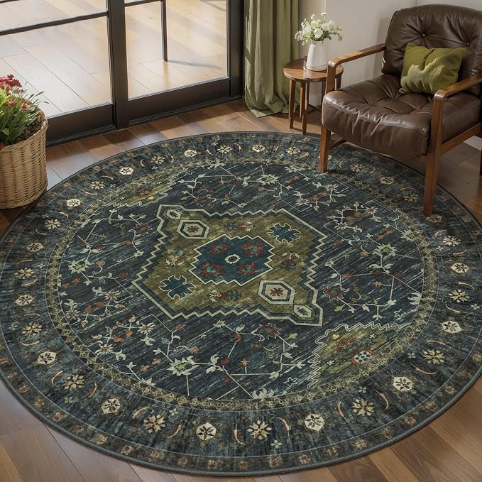 Tangsoo Green Round Washable Rugs 4ft, Oriental Non Slip Small Circle Rug | Vintage Low Pile Circular Rugs, Boho Round Area Rug for Living Room Bedroom Entryway Nursery Office Olive Green Home Decor