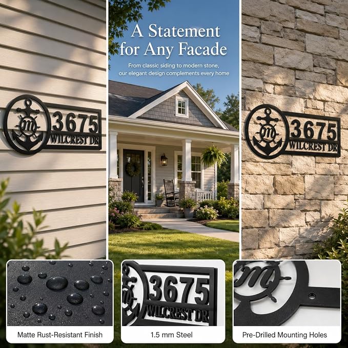 Custom Metal Address Sign Personalized House Number Plaque with Anchor Monogram Nautical Outdoor Address Marker for Front Door Porch Yard Gate Fence Wall Decor