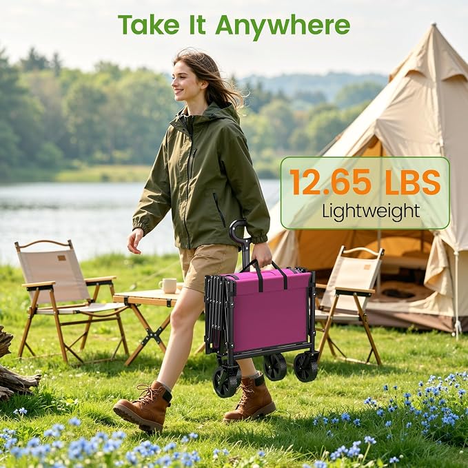 35'' Extra Long Collapsible Wagon with Wheels, 220 LBS Folding Wagon with 360° Swivel Wheels Adjustable Handle, Lightweight Portable Utility Cart for Grocery, Shopping, Garden, Sports, Camping, Pink