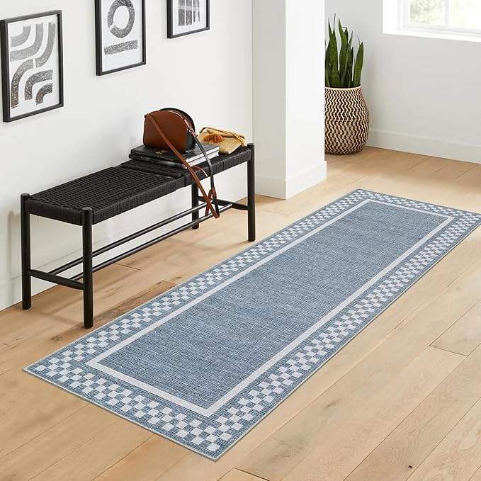 GarveeHome Rug Runners for Hallways 2x8 Washable Kitchen Runner Rug | Non Slip Low Pile hrow Carpet Modern Bordered Bathroom Checkered Area Rug for Living Room Bedroom Entryway Nursery, Blue