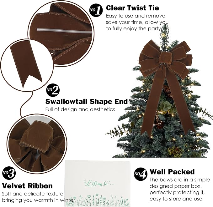 13" Brown Velvet Christmas Tree Topper Bow, Premade, 13" x 20"