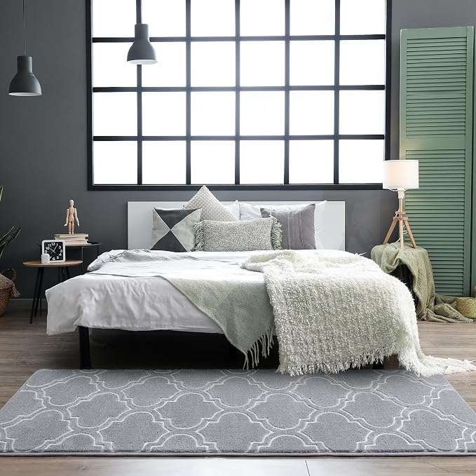 Chicrug 2x6 Shag Geometric Modern Runner Rug for Bedroom Hallway | Memory Foam Indoor Runner Carpet, Fluffy Rug for Living Room Bedside Room for Family, Grey and White