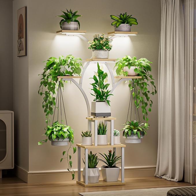 Elbourn 8 Tiered 60" Tall Plant Stand Indoor Shelf with Grow Lights (White) | Corner Shelf Decor