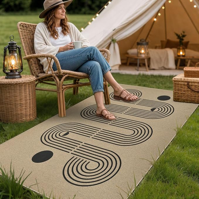 UERMEI 3x5 Outdoor Jute Area Rug Patio Farmhouse Geometric Brown | Indoor Outdoor Washable Non Slip Pet Friendly Carpet for Door Mat Area Rug for Patio Bedroom Living Room Kitchen Porch