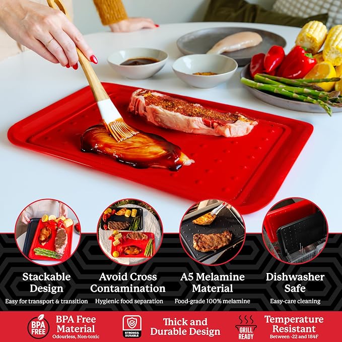AVIEUS Grill Prep and Serve Trays | Set of 2 Stackable, Melamine Trays | Serving Tray & Marinating Tray | Serving Platter for Plating Food & BBQ Prep Tub for Marinating Meats | Grill Accessories |