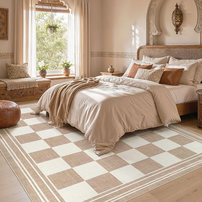 cotiled Boho 10x12 Area Rug for Living Room: Large Moroccan Washable Rug | Solve Modern Neutral Trendy Home Decor - Stain Resistan Carpet for Bedroom Farmhouse Khaki Brown